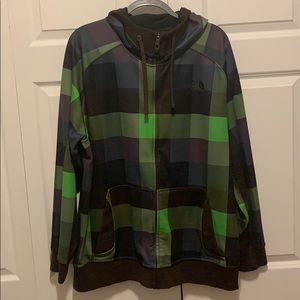 North Face XL Green Check Fleece-Lined Zip Hoodie